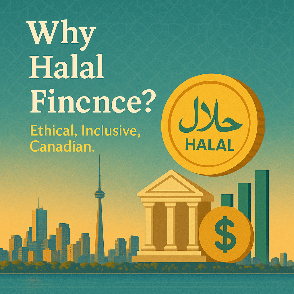 Why Halal Finance? 1 Illustration of Toronto skyline at sunset with Halal Finance icons including a golden coin labeled 'Halal' in Arabic and English, a classical bank building, and financial chart symbols. Text reads 'Why Halal Finance? Ethical, Inclusive, Canadian